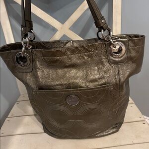 COACH Alex Signature Stitched Patent Leather Tote Bag in a green-gray color